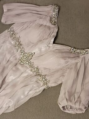 Embellished Off-Shoulder Chiffon Dress in Light Lavender